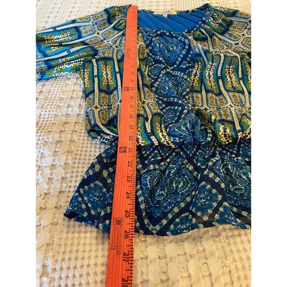 FIGUEROA & Flower Blouse Sz Large Boho Peasant Elastic Waist Blue Green Top - Picture 9 of 12